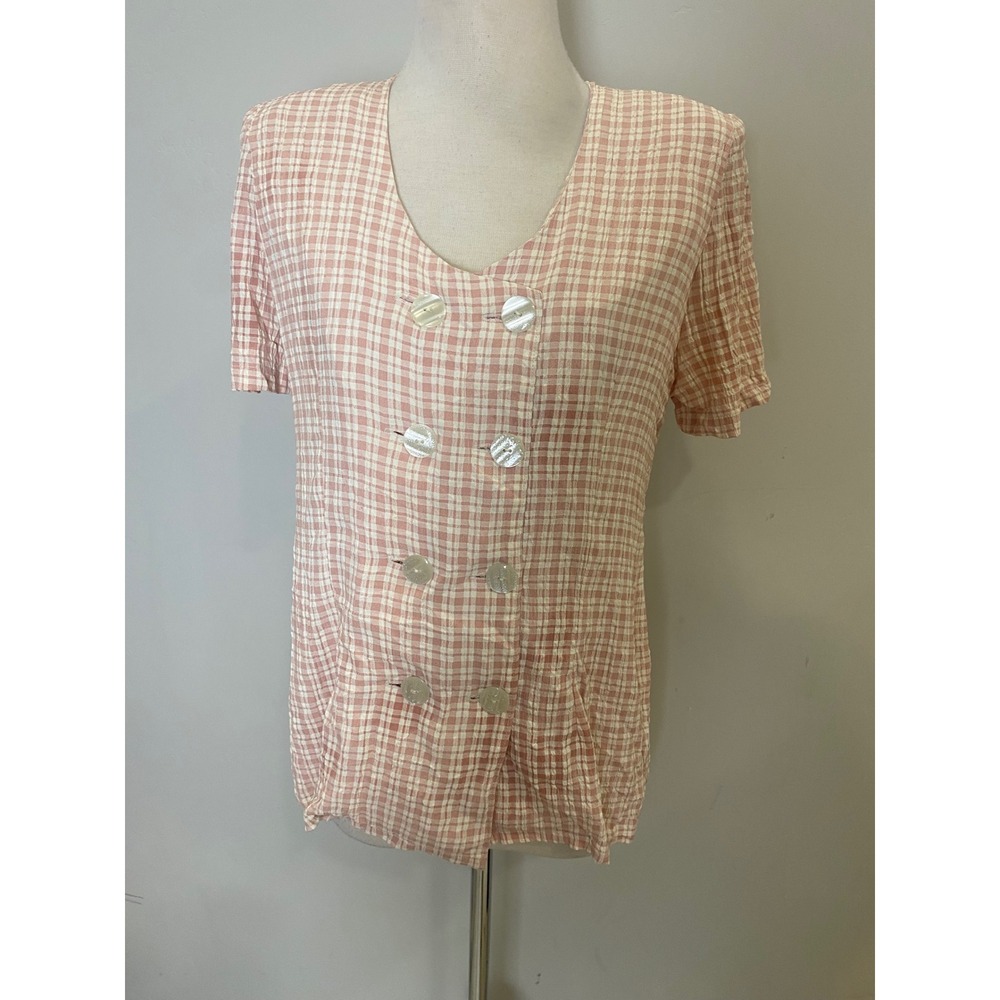 Vintage 90s Pink Gingham Double Breasted Seersucker Blouse Short Sleeve Tie Back